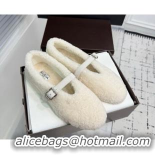 Top Grade Alaia Ballet Flats in Shearling Wool White 2026 AL120901 1209003