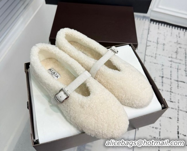 Top Grade Alaia Ballet Flats in Shearling Wool White 2026 AL120901 1209003