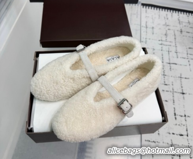 Top Grade Alaia Ballet Flats in Shearling Wool White 2026 AL120901 1209003