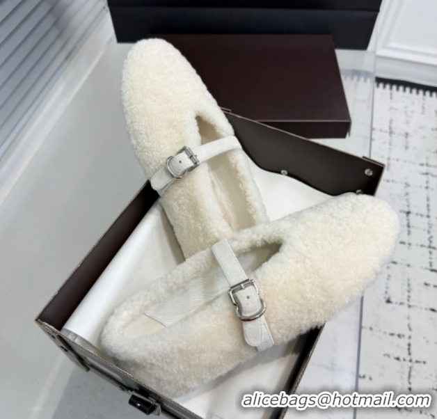 Top Grade Alaia Ballet Flats in Shearling Wool White 2026 AL120901 1209003