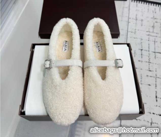Top Grade Alaia Ballet Flats in Shearling Wool White 2026 AL120901 1209003