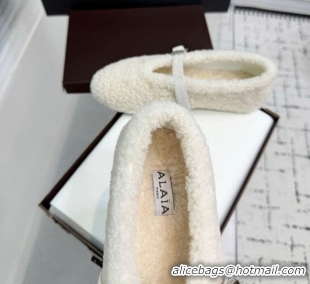 Top Grade Alaia Ballet Flats in Shearling Wool White 2026 AL120901 1209003