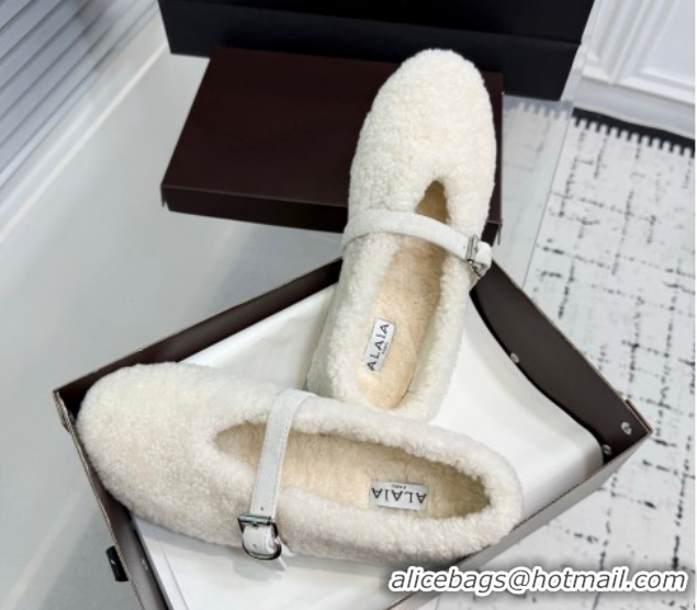 Top Grade Alaia Ballet Flats in Shearling Wool White 2026 AL120901 1209003