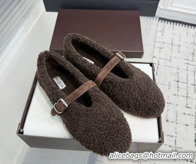 New Style Alaia Ballet Flats in Shearling Wool Dark Brown 2026 AL120901 1209005