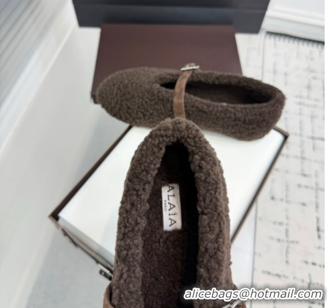 New Style Alaia Ballet Flats in Shearling Wool Dark Brown 2026 AL120901 1209005