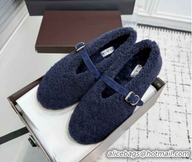 Luxurious Alaia Ballet Flats in Shearling Wool Dark Blue 2026 AL120901 1209008