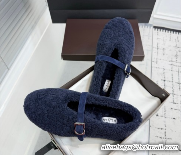 Luxurious Alaia Ballet Flats in Shearling Wool Dark Blue 2026 AL120901 1209008