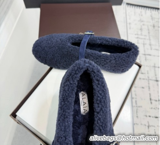 Luxurious Alaia Ballet Flats in Shearling Wool Dark Blue 2026 AL120901 1209008