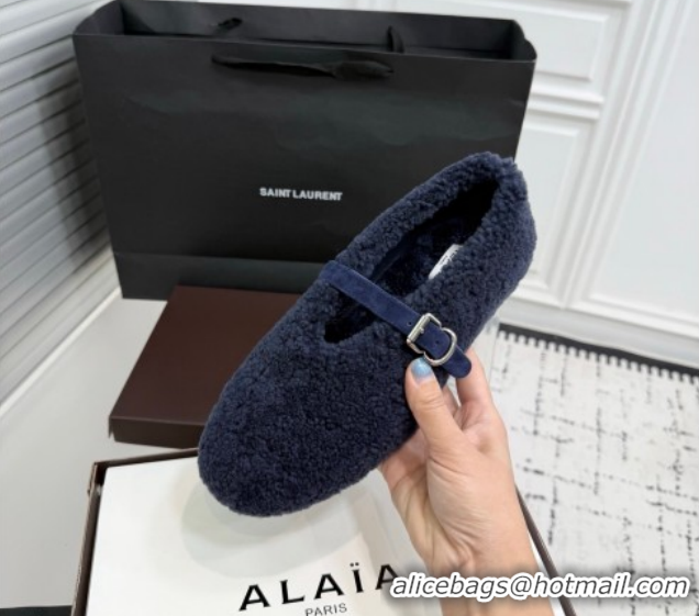 Luxurious Alaia Ballet Flats in Shearling Wool Dark Blue 2026 AL120901 1209008