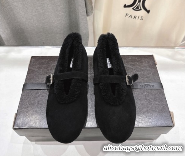 Top Quality Alaia Ballet Flats in Suede and Wool Black AL102901 1209009