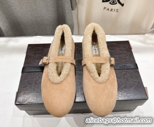 Buy Luxury Alaia Ballet Flats in Suede and Wool Beige AL102901 1209011