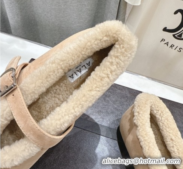 Buy Luxury Alaia Ballet Flats in Suede and Wool Beige AL102901 1209011