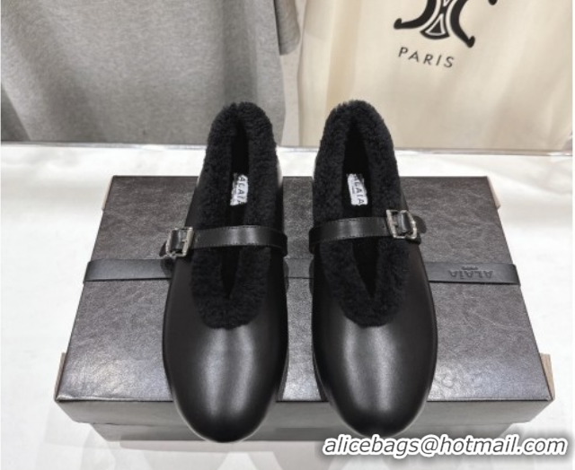 Good Looking Alaia Ballet Flats in Leather and Wool Black AL102901 1209015