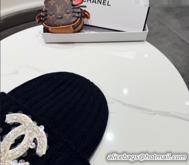 Luxury Discount Chanel Knit Hat with Beads CC CH010513 Black 2026