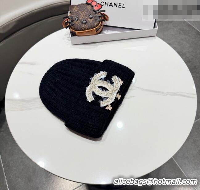 Luxury Discount Chanel Knit Hat with Beads CC CH010513 Black 2026