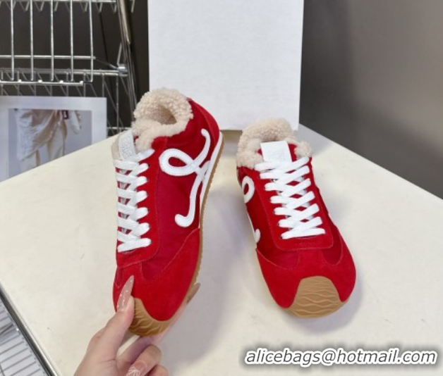 Super Quality Loewe Ballet Runner 2.0 Sneakers in Suede, Nylon and Shearling Wool 2026 LW103002 Red