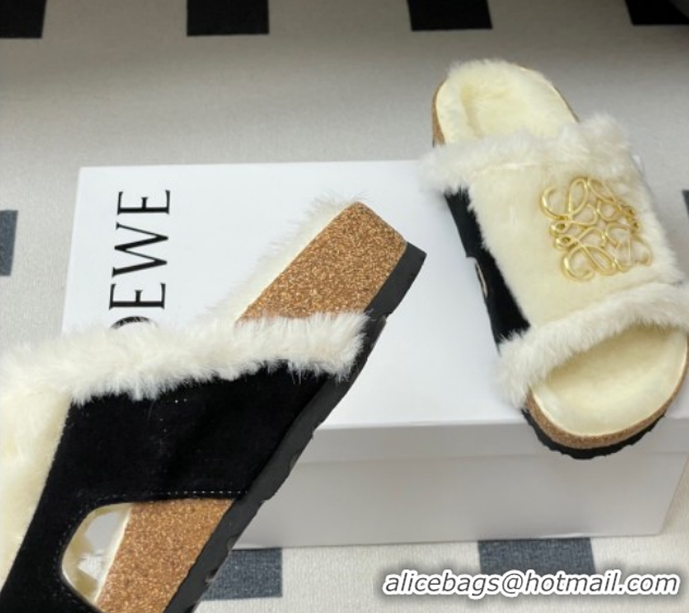 Best Price Loewe Flat Slides Sandal in Suede and Wool 2026 LW103003 Black