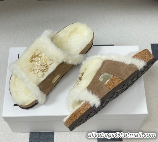 Classic Practical Loewe Flat Slides Sandal in Suede and Wool 2026 LW103003 Beige