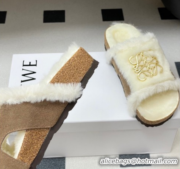 Classic Practical Loewe Flat Slides Sandal in Suede and Wool 2026 LW103003 Beige