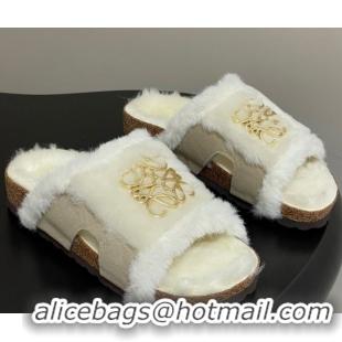 AAAAA Loewe Flat Slides Sandal in Suede and Wool 2026 LW103003 Grey