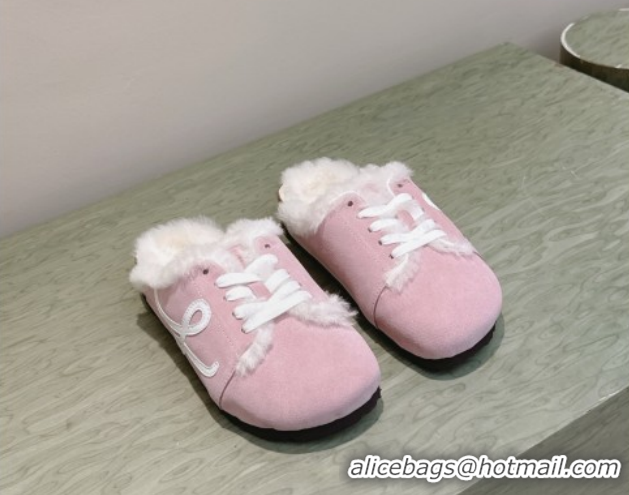 Stylish Loewe x Birkenstock Laced-up Mules in Suede and Wool 2026 LW103005 Pink