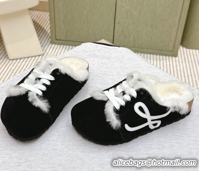 Top Quality Loewe x Birkenstock Laced-up Mules in Suede and Wool 2026 LW103005 Black