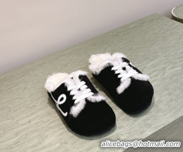 Top Quality Loewe x Birkenstock Laced-up Mules in Suede and Wool 2026 LW103005 Black