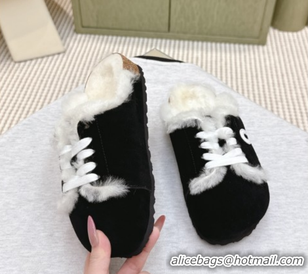 Top Quality Loewe x Birkenstock Laced-up Mules in Suede and Wool 2026 LW103005 Black