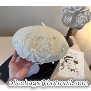 Inexpensive Chanel Wool Beret Hat with Pearls CH010519 White 2026