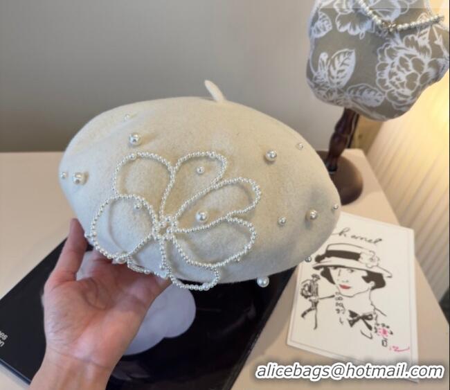 Inexpensive Chanel Wool Beret Hat with Pearls CH010519 White 2026