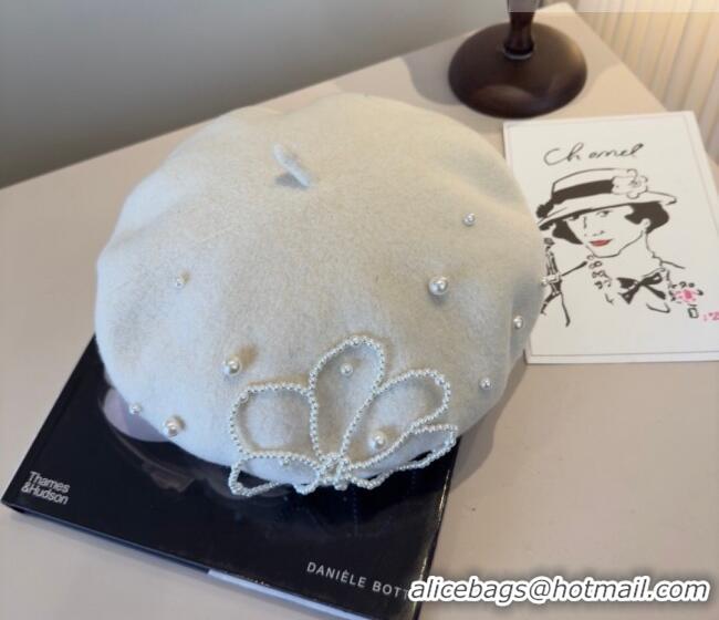 Inexpensive Chanel Wool Beret Hat with Pearls CH010519 White 2026