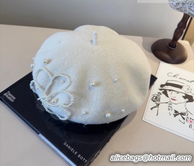 Inexpensive Chanel Wool Beret Hat with Pearls CH010519 White 2026