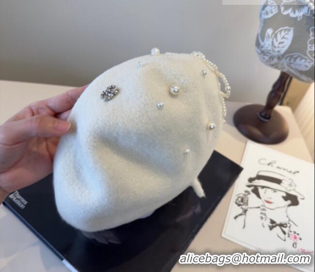 Inexpensive Chanel Wool Beret Hat with Pearls CH010519 White 2026