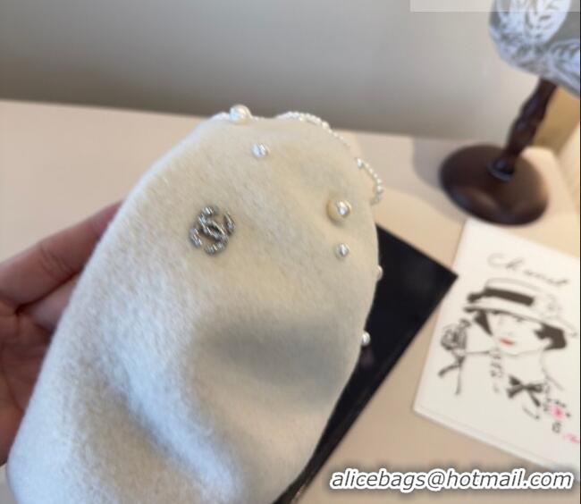 Inexpensive Chanel Wool Beret Hat with Pearls CH010519 White 2026