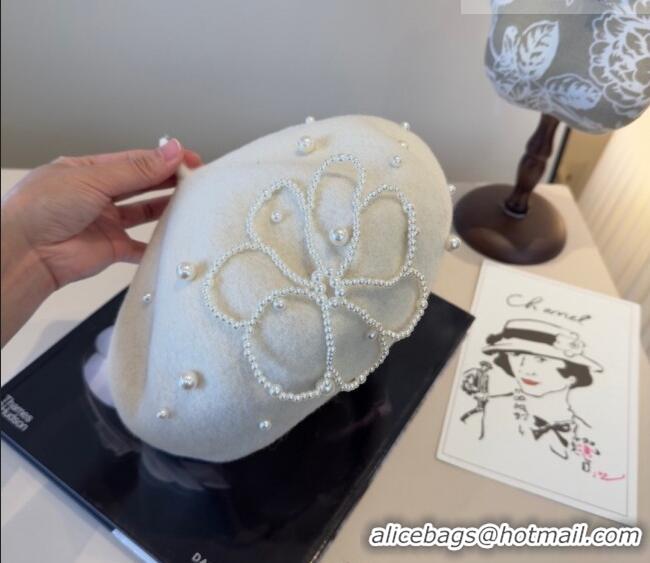 Inexpensive Chanel Wool Beret Hat with Pearls CH010519 White 2026