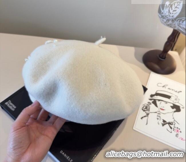 Inexpensive Chanel Wool Beret Hat with Pearls CH010519 White 2026