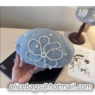 Good Quality Chanel Wool Beret Hat with Pearls CH010519 Blue 2026