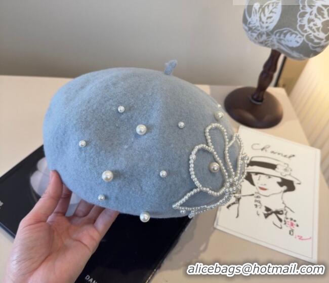 Good Quality Chanel Wool Beret Hat with Pearls CH010519 Blue 2026