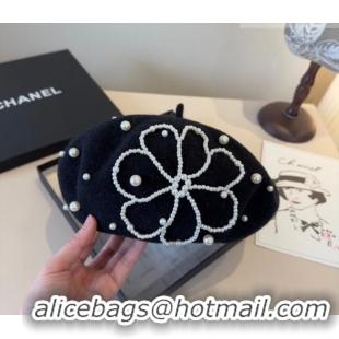 Buy Cheapest Chanel Wool Beret Hat with Pearls CH010519 Black 2026