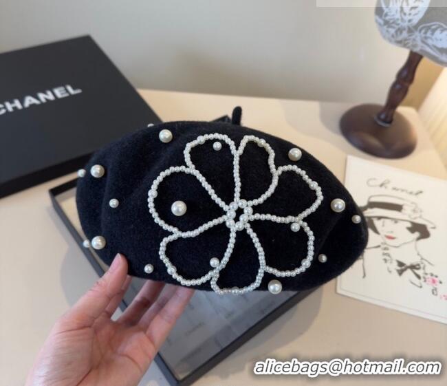 Buy Cheapest Chanel Wool Beret Hat with Pearls CH010519 Black 2026