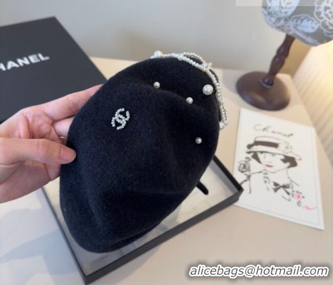 Buy Cheapest Chanel Wool Beret Hat with Pearls CH010519 Black 2026