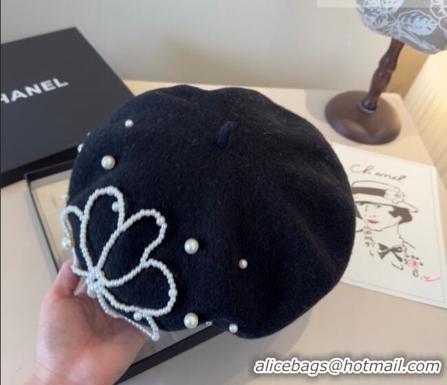 Buy Cheapest Chanel Wool Beret Hat with Pearls CH010519 Black 2026