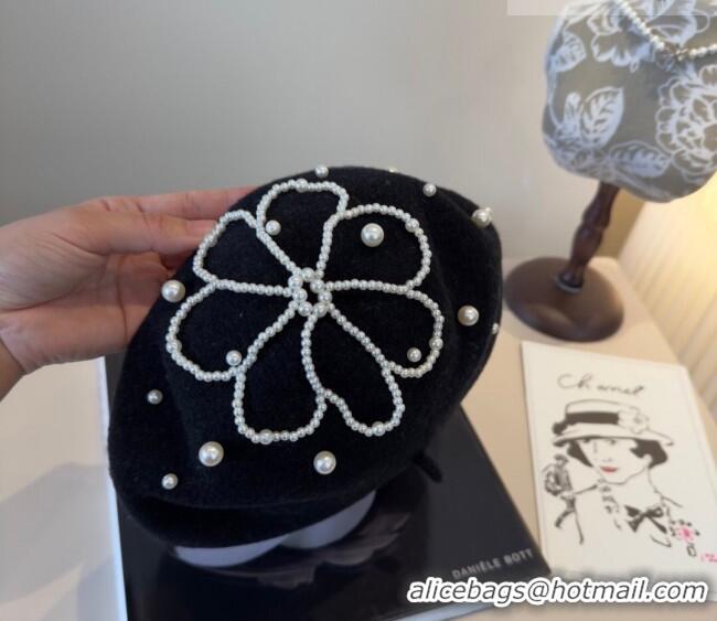 Buy Cheapest Chanel Wool Beret Hat with Pearls CH010519 Black 2026
