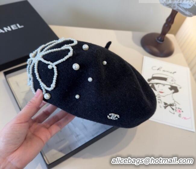 Buy Cheapest Chanel Wool Beret Hat with Pearls CH010519 Black 2026