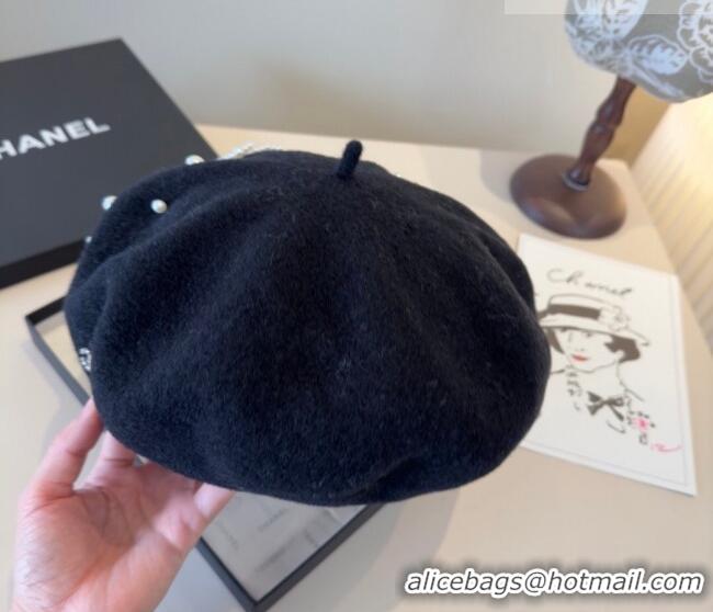 Buy Cheapest Chanel Wool Beret Hat with Pearls CH010519 Black 2026