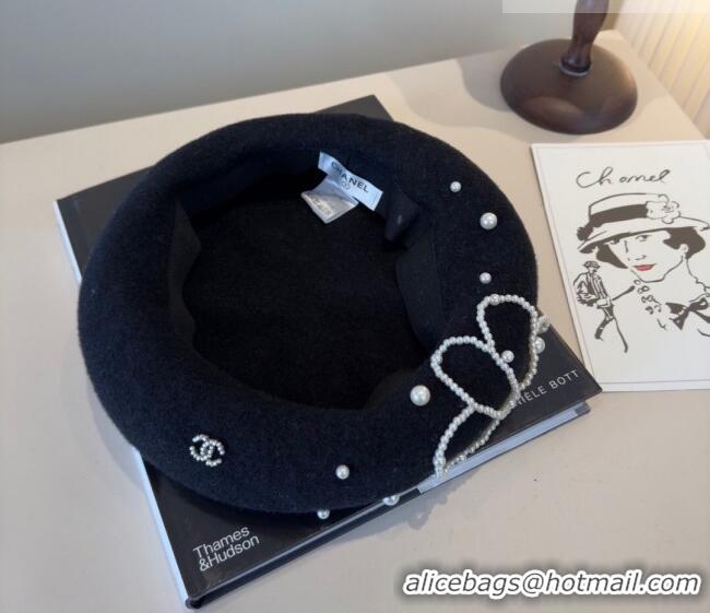 Buy Cheapest Chanel Wool Beret Hat with Pearls CH010519 Black 2026