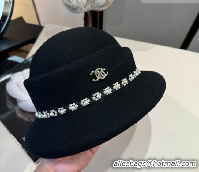 Luxury Cheap Chanel Wool Bucket Hat with Pearls CH010522 Black 2026