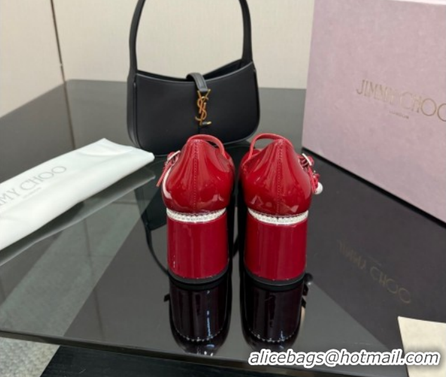 Best Product Jimmy Choo Jenson Mary Janes Pump 6cm in Patent Leather with Pearls Bow Red 1210064