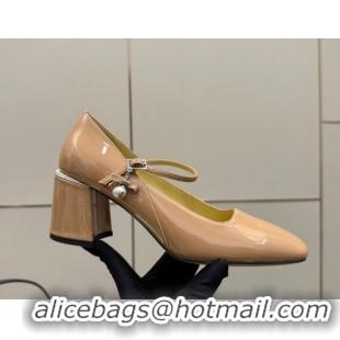 Best Grade Jimmy Choo Jenson Mary Janes Pump 6cm in Patent Leather with Pearls Bow Nude 1210065