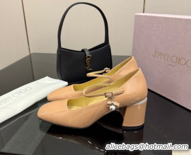 Best Grade Jimmy Choo Jenson Mary Janes Pump 6cm in Patent Leather with Pearls Bow Nude 1210065